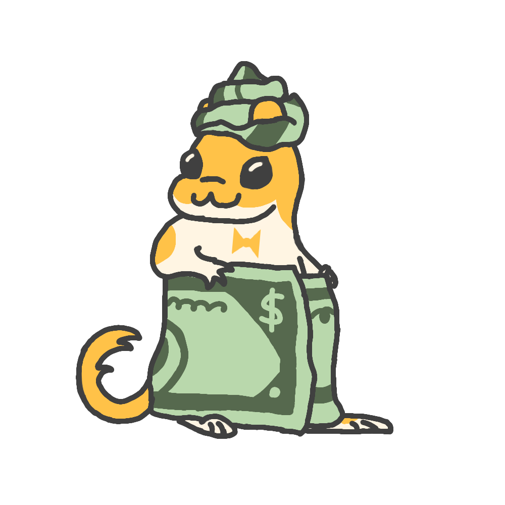 Meri the business gerbil leans back on a stack of coins